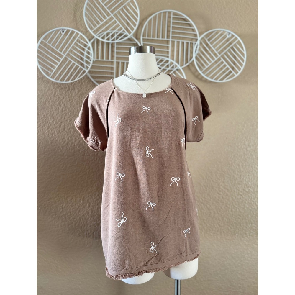 Umgee Womens Linen Blend Bow Embroidered Boho Top Mauve Brown C4219 Medium